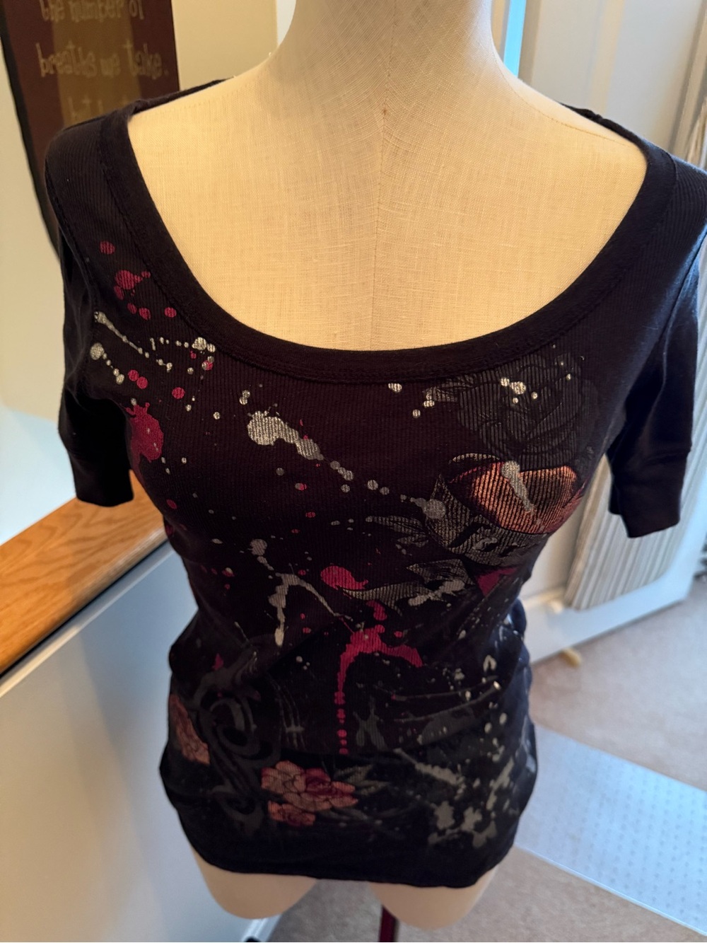 FANG Black Scoop Neck Short Sleeve Top with Pink and Silver Splash